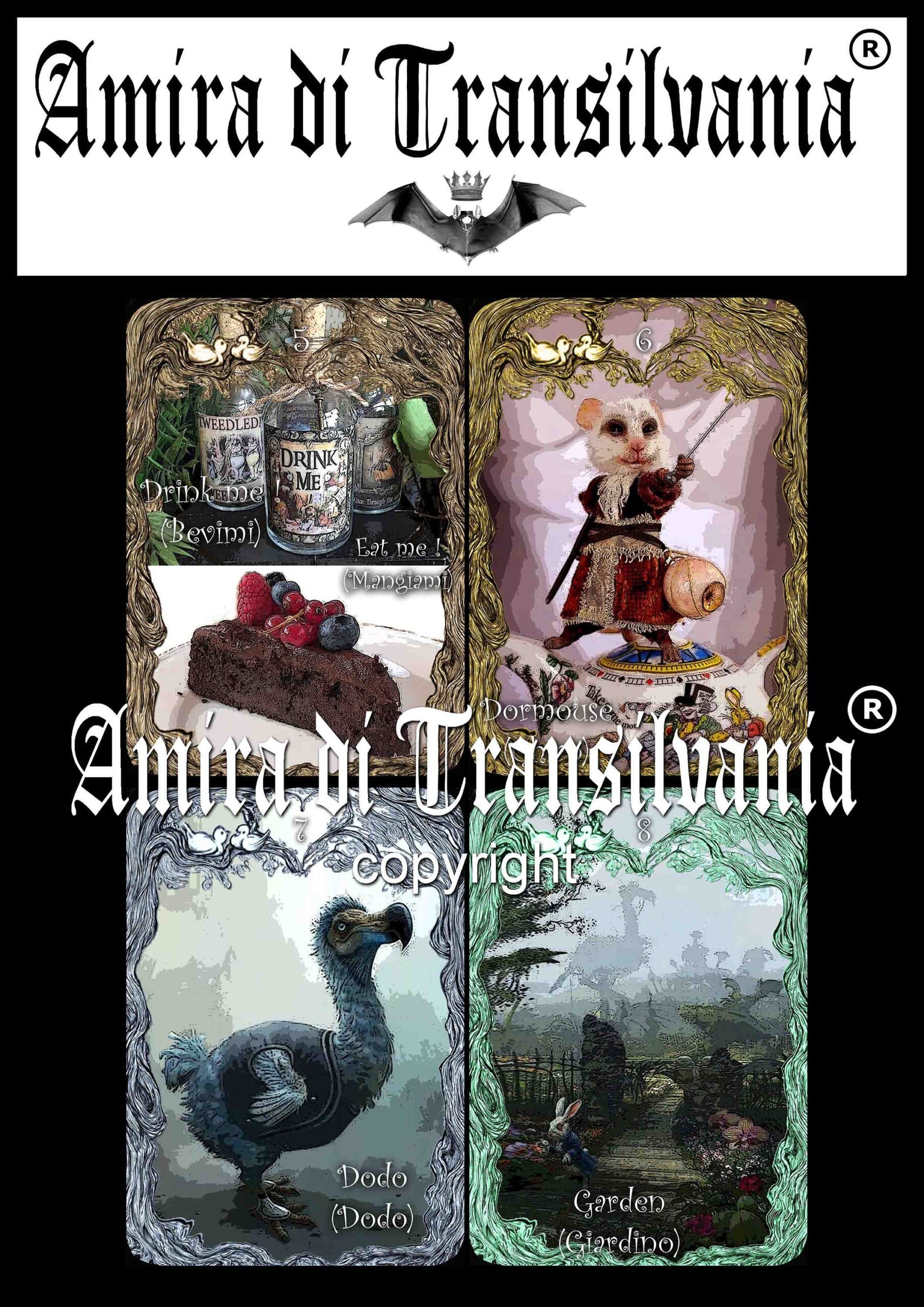 Alice in the Wonderland Tarot, White Rabbit with Cheshire Cat, Queen of Hearts and White Queen, Mad Hatter Dodo Dormouse