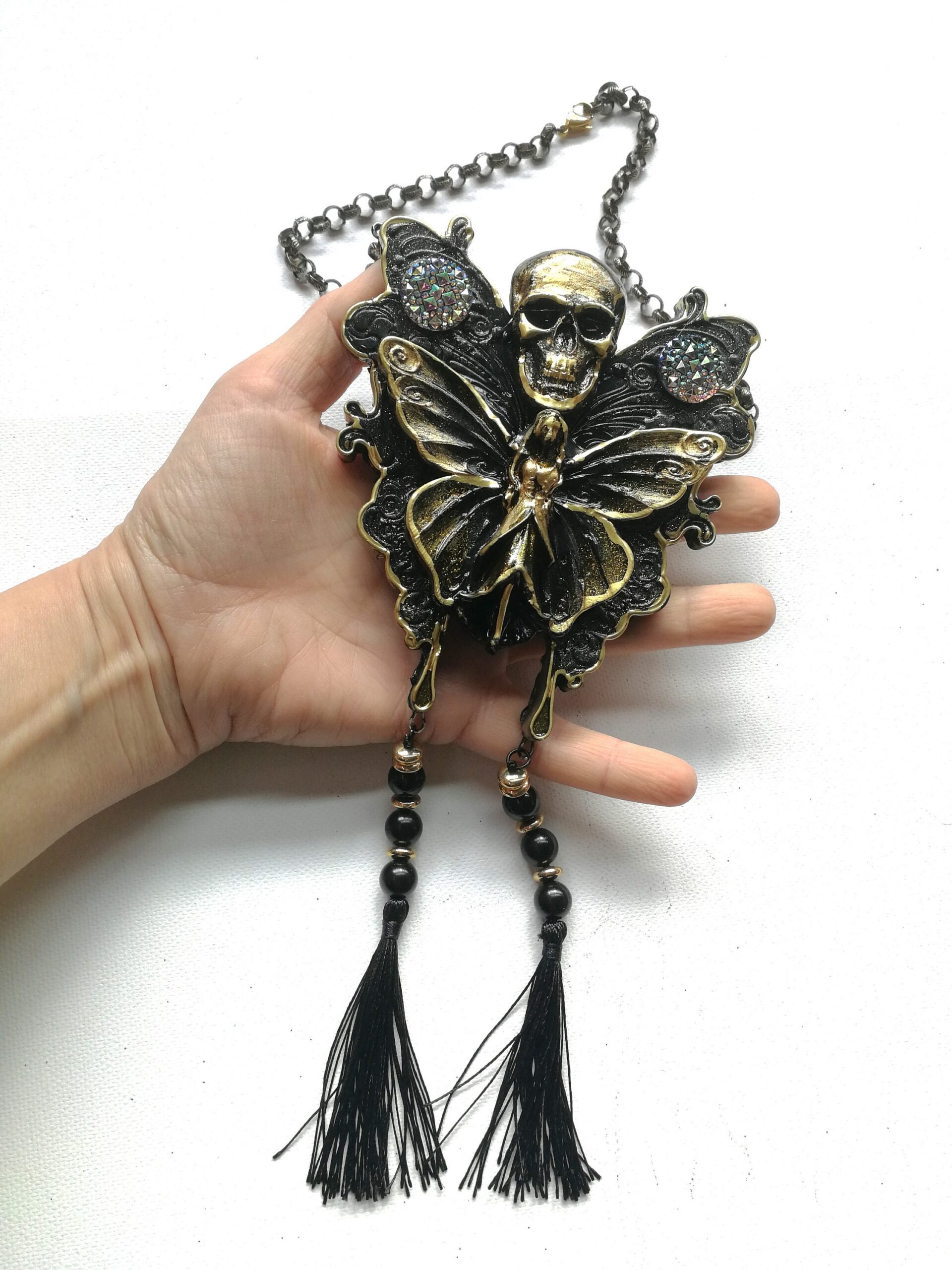 Lunar Moth Amulet, Butterfly Skull Talisman, Magic Pentacle Necklace Occult Jewelry Transformation Protection Immortality
