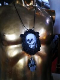 Black Mirror Amulet, Skull Necklace Witch Jewelry Antique Style, Victorian Gothic Witchcraft Talisman Pendant