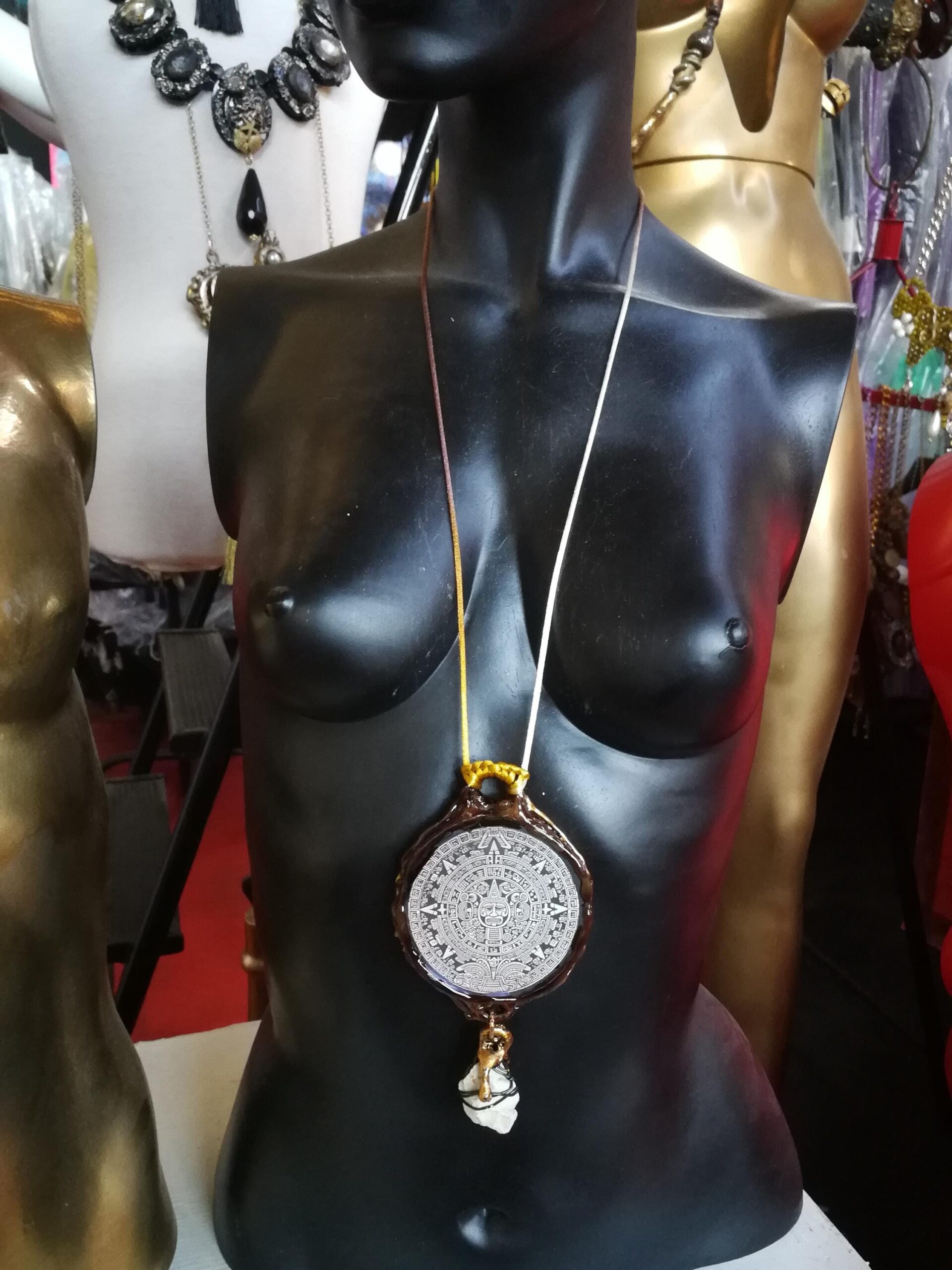 Maya Calendar, Shaman Necklace Talisman Pendant, Amulet Raw Stone Jewelry, Aztec Magic Symbols Seal