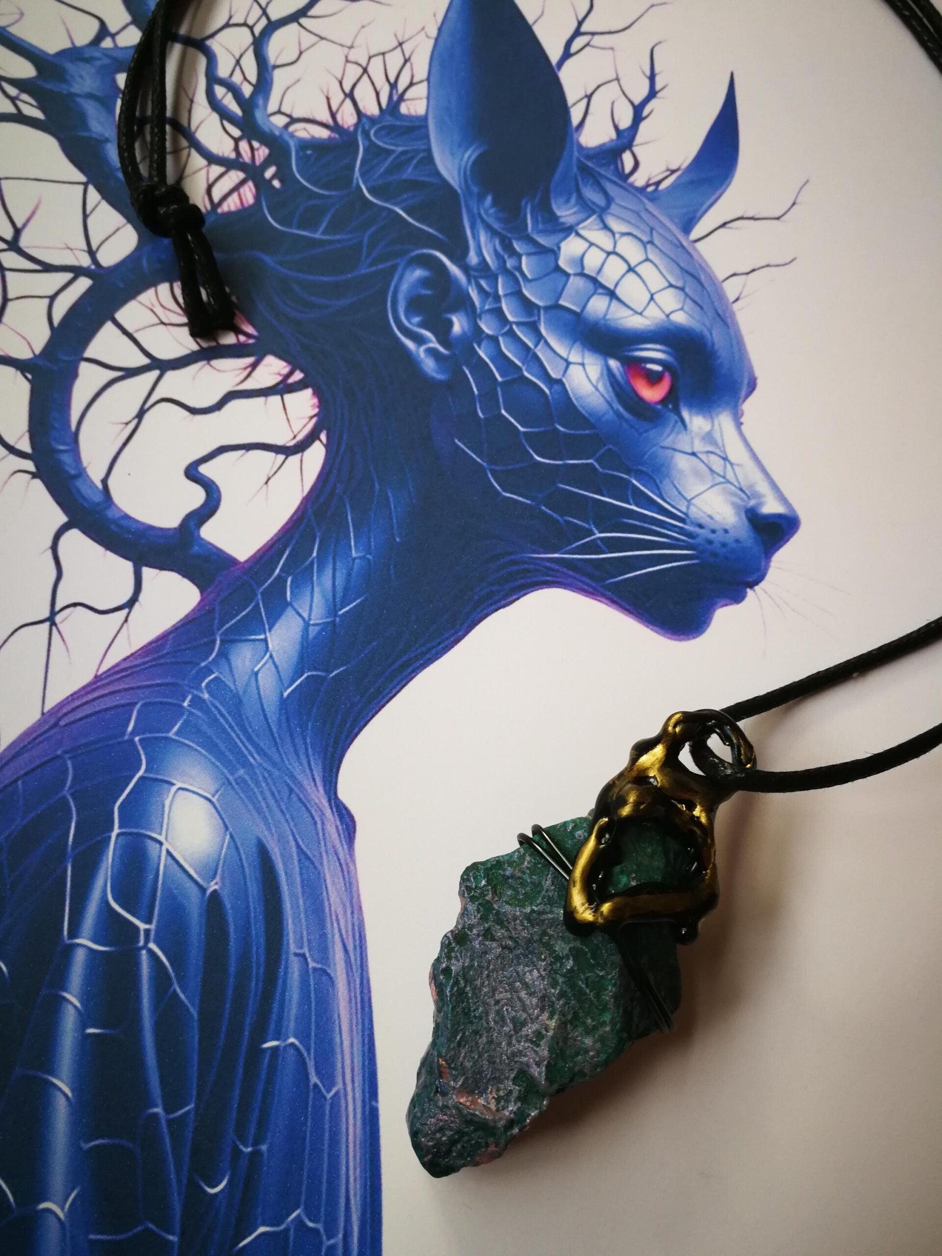 Witch Familiar, Blue Cat Ancient Spirit Companion, Uncut Gemstone Pendant Witchcraft Raw Stone Amulet