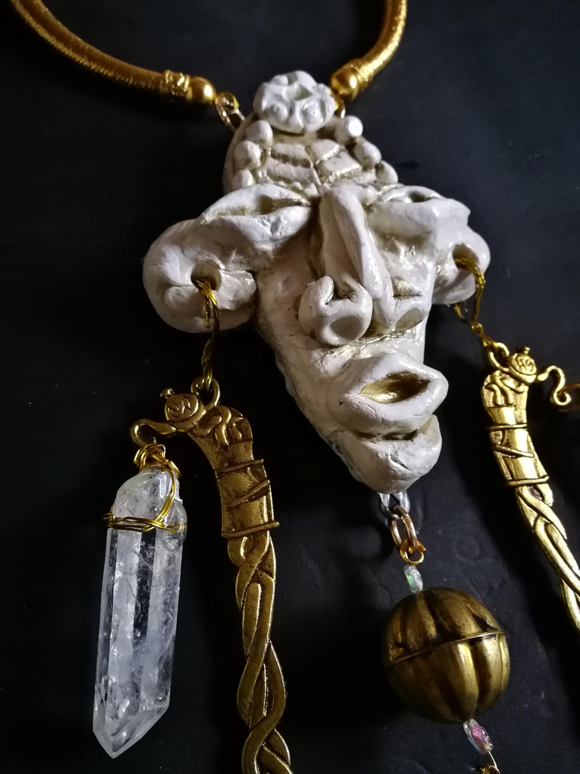 Tribal Jewelry, Rock Crystal Shaman Necklace, Native American Talisman Pendant, Ethnic Aztec Tribe Mask