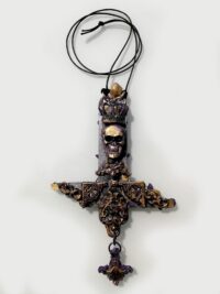 Gold Cross Necklace, Key Magic Talisman Witchcraft Symbols Pendant, Necronomicon Seal Sigil, Wooden Crux