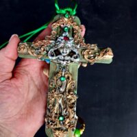 Gold Cross Necklace, Witchcraft Symbols Magic Talisman, Shamanic Pendant Shaman Witch Amulet Wooden Crux