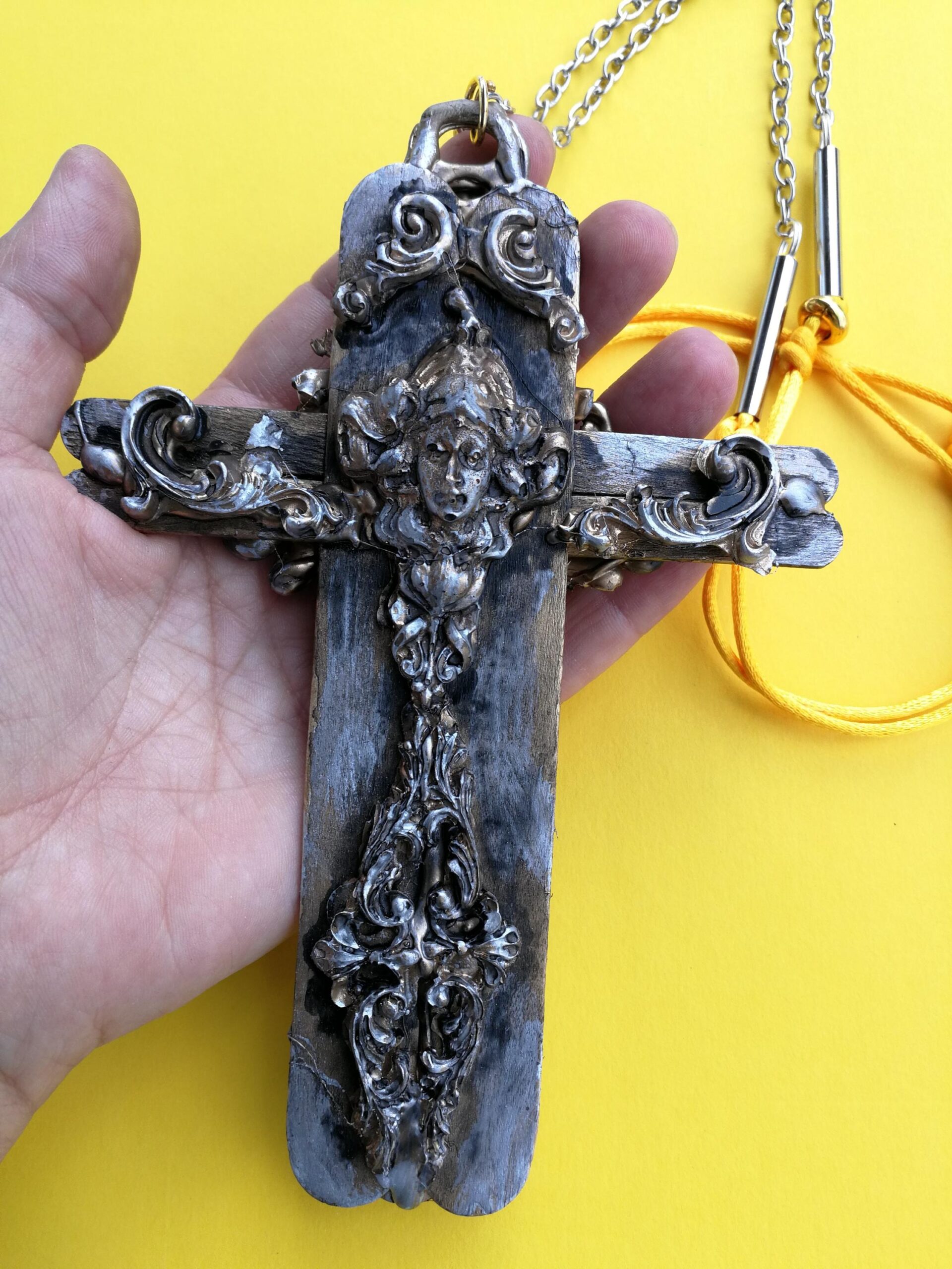 Silver Cross Necklace, Witchcraft Symbols Magic Talisman, Shamanic Pendant Shaman Witch Jewelry Wooden Crux