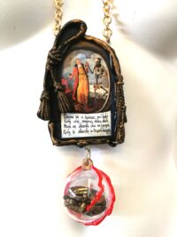Santissima Muerte, Macabre Dance Voodoo Talisman Necklace, Spooky Witch Skull, Gothic Amulet Angel of Dead