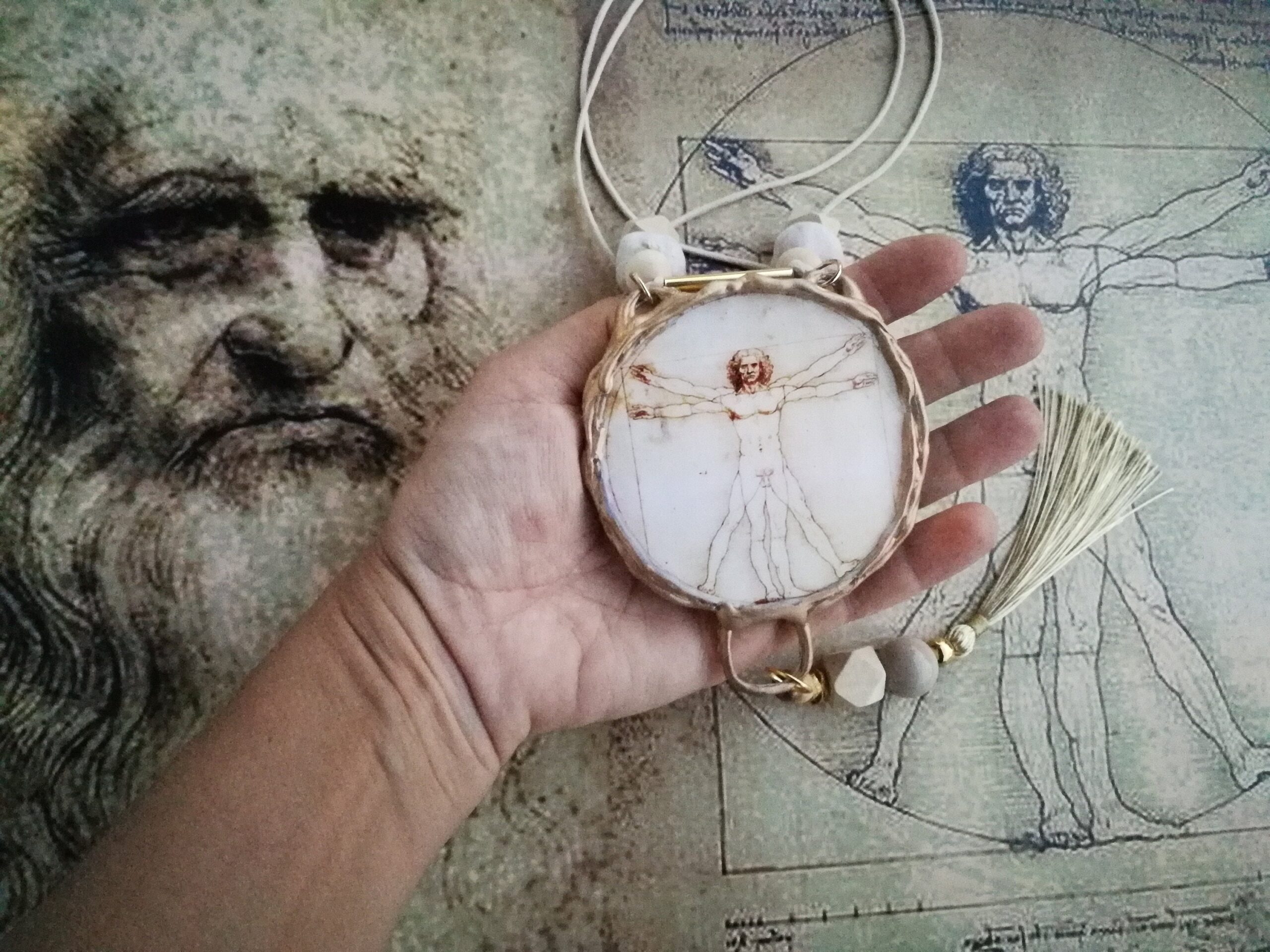 Vitruvian Man, Leonardo da Vinci, Magic Talisman Symbology, Magical Power Universe Pendant Jewelry, Celestial Amulet Bib