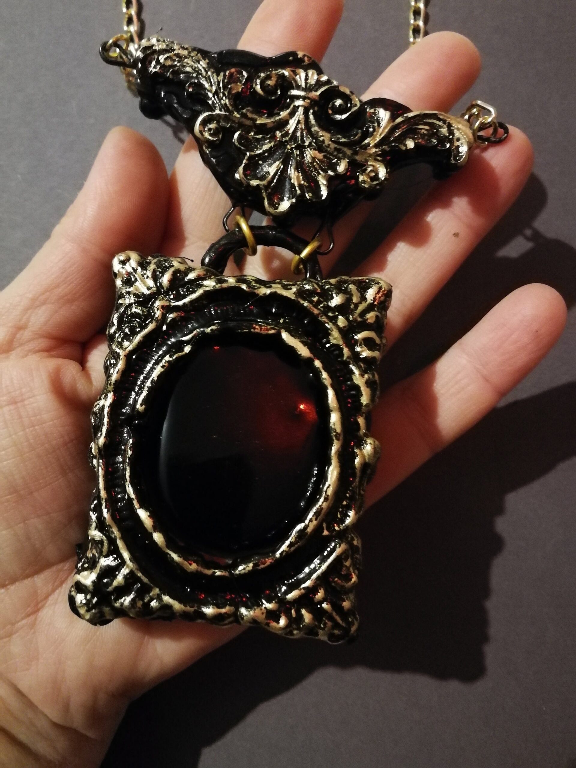 Black Mirror, Woman Necklace Lariat Layered Jewelry, Goth Jewel Antique Style, Victorian Gothic Witch Talisman Pendant