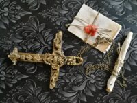 Witchcraft Symbols Magic Talisman, Gold Cross Necklace Amulet, Shamanic Pendant Witch Jewelry Wooden Crux
