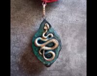 Gold Snake Necklace & Red Apple Jewelry, Art Nouveau Pendant, Art Deco Amulet Charm, Polymer Clay Adam and Eve Heaven