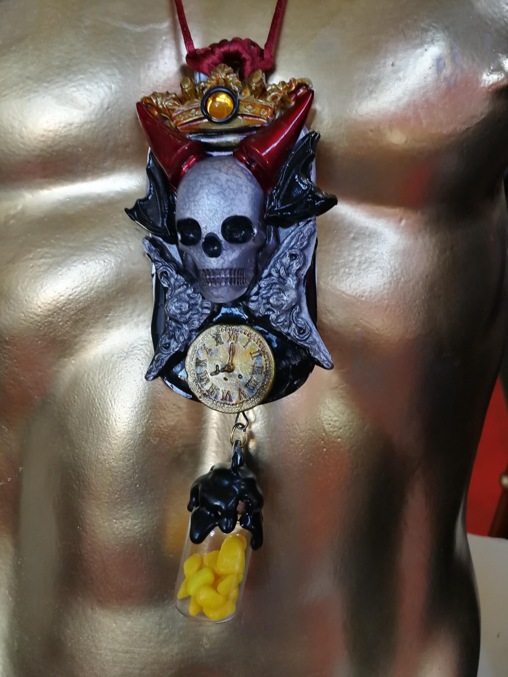 Fallen Angel, Urn Amulet Skull Skeleton, Djinn Talisman Alchemy Symbol, Devil Horn Pendant Necklace
