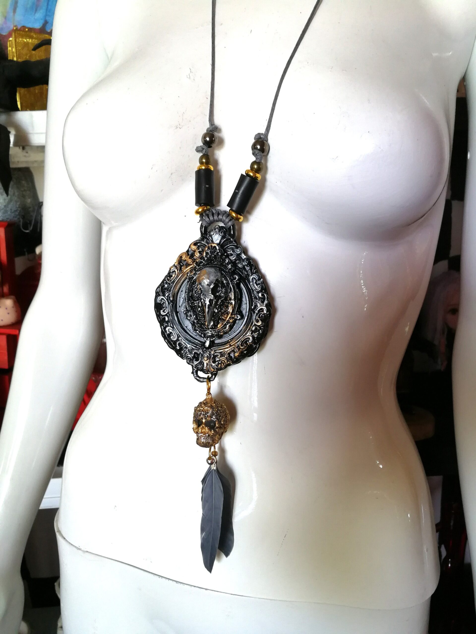 Crow Skull, Gothic Talisman Black Raven, Punk Rave Necklace Jewelry, Goth Jewel Skull, Owl Feather Witch Amulet Pendant