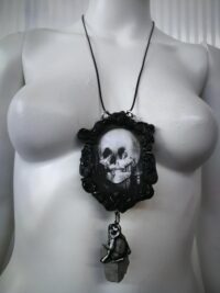 Black Mirror Amulet, Skull Necklace Witch Jewelry Antique Style, Victorian Gothic Witchcraft Talisman Pendant