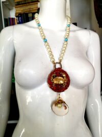 Zodiac Symbol, Cancer Astrology Sign, Water Creature Red Crab Conch Shell Pearl, Necklace Talisman Pendant Symbol Scarab