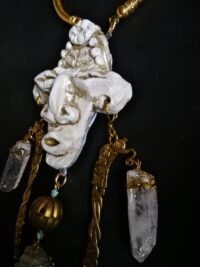 Tribal Jewelry, Rock Crystal Shaman Necklace, Native American Talisman Pendant, Ethnic Aztec Tribe Mask
