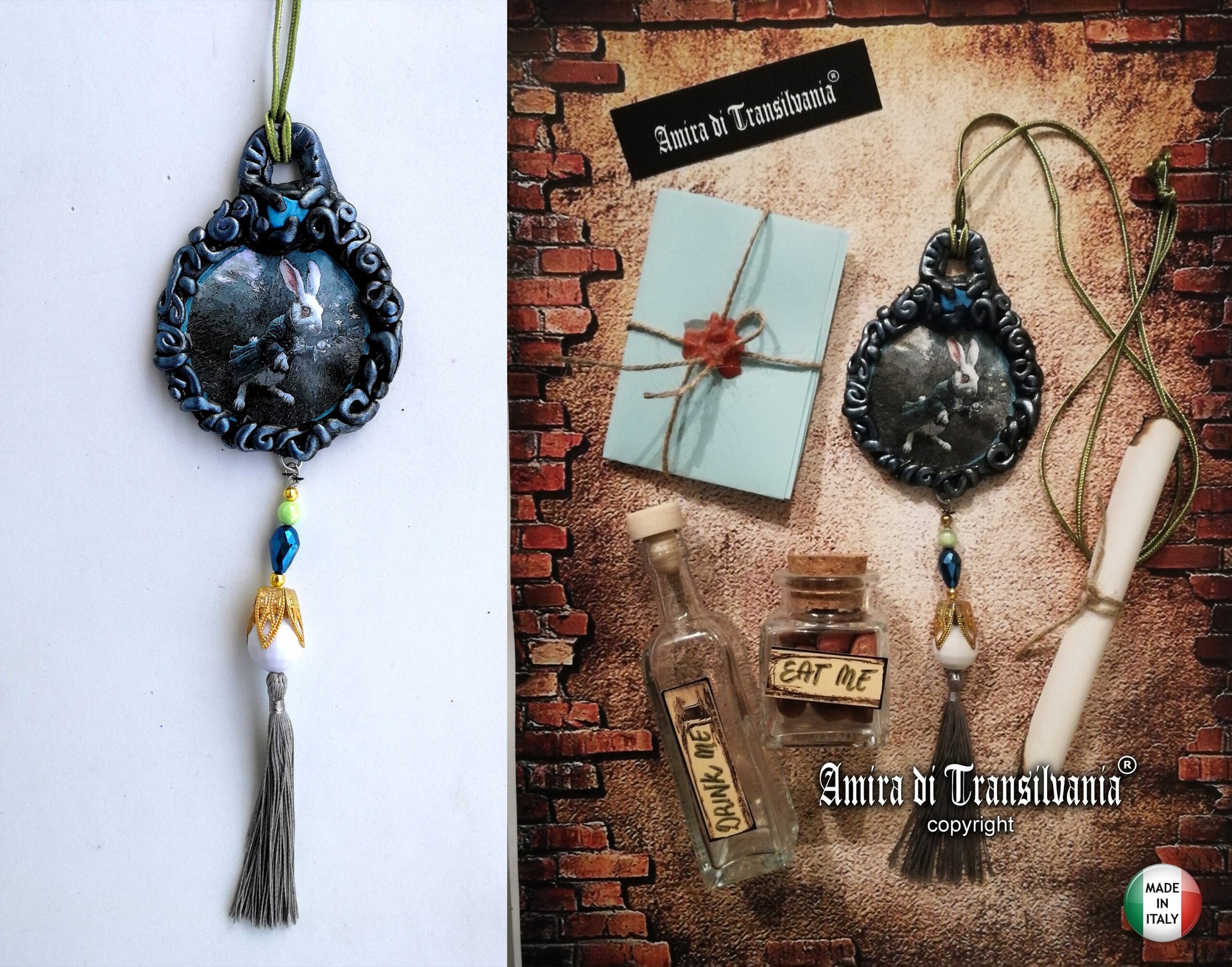 Alice in Wonderland, White Rabbit Clock Jewelry, Good Luck Talisman, Success Lucky Amulet Pendant