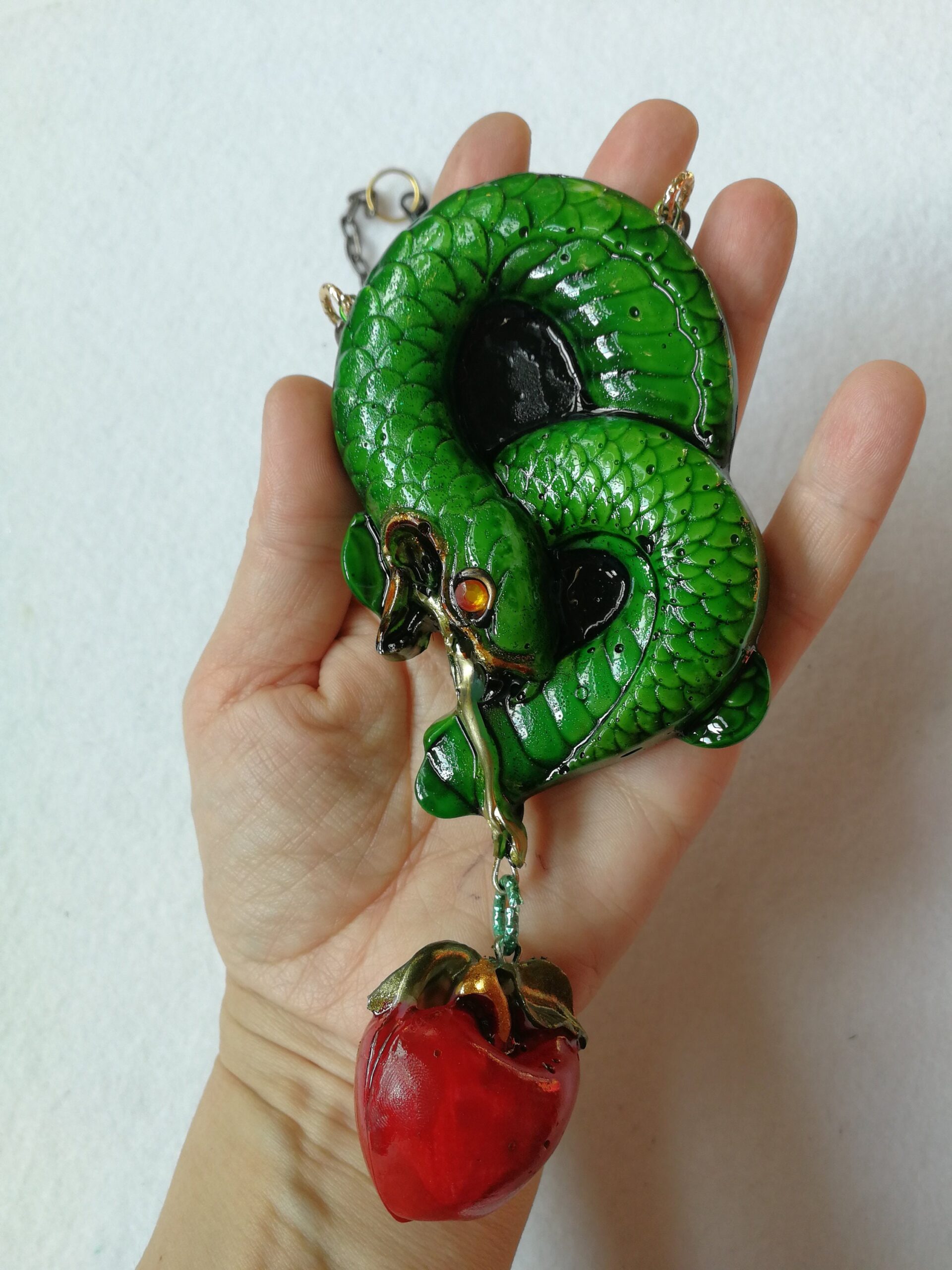 Green Snake, Red Apple Love Attraction Amulet Lucky Charm Spiritual Occult Jewelry Energy Pendant