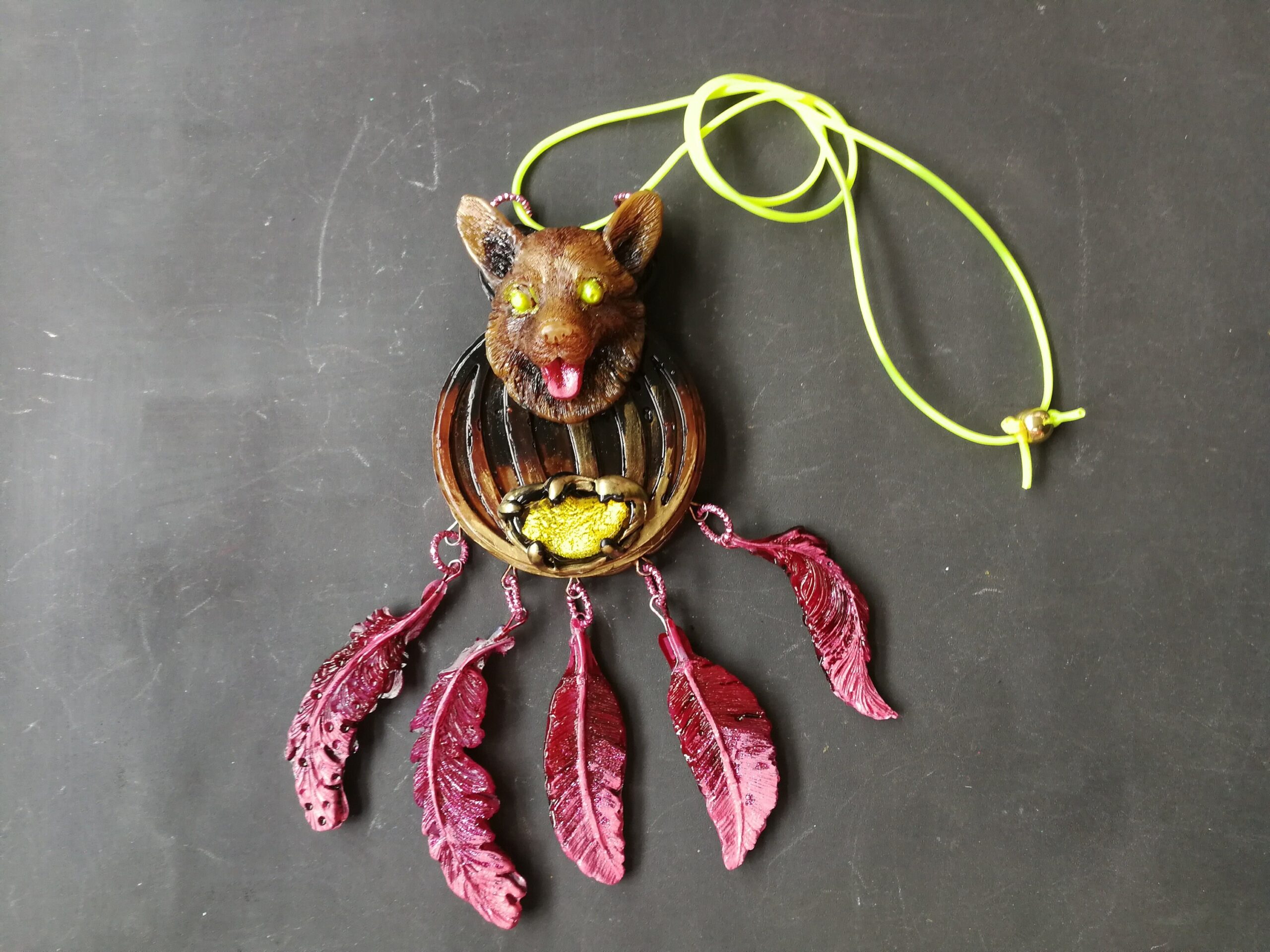 Dream Catcher Necklace Talisman, Evil Eye Protection Brown Bear Pendant, Spirit Guide Native American Amulet Shaman Drum
