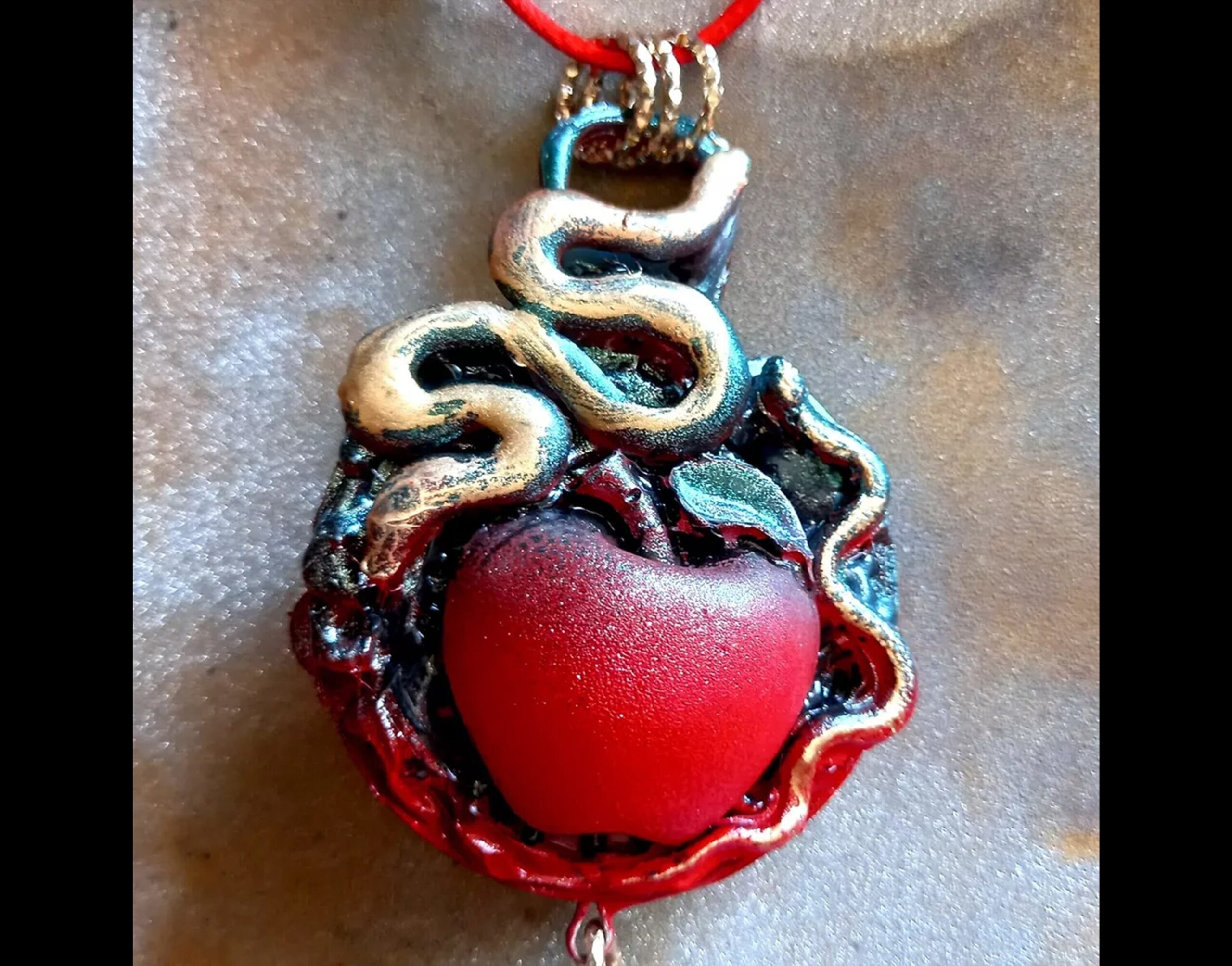 Gold Snake Necklace & Red Apple Jewelry, Art Nouveau Pendant, Art Deco Amulet Charm, Polymer Clay Adam and Eve Heaven