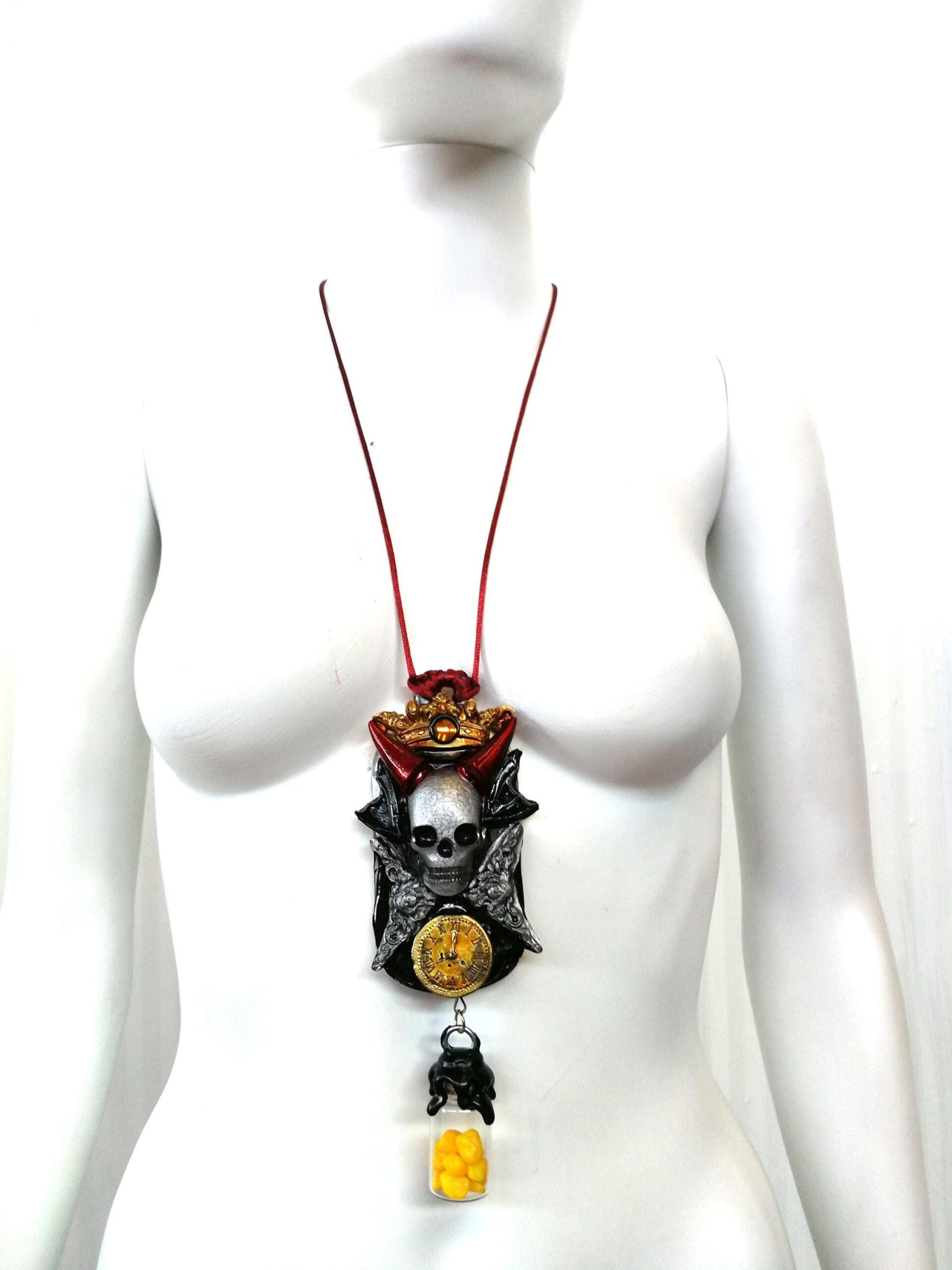 Fallen Angel, Urn Amulet Skull Skeleton, Djinn Talisman Alchemy Symbol, Devil Horn Pendant Necklace