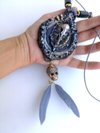 Crow Skull, Gothic Talisman Black Raven, Punk Rave Necklace Jewelry, Goth Jewel Skull, Owl Feather Witch Amulet Pendant