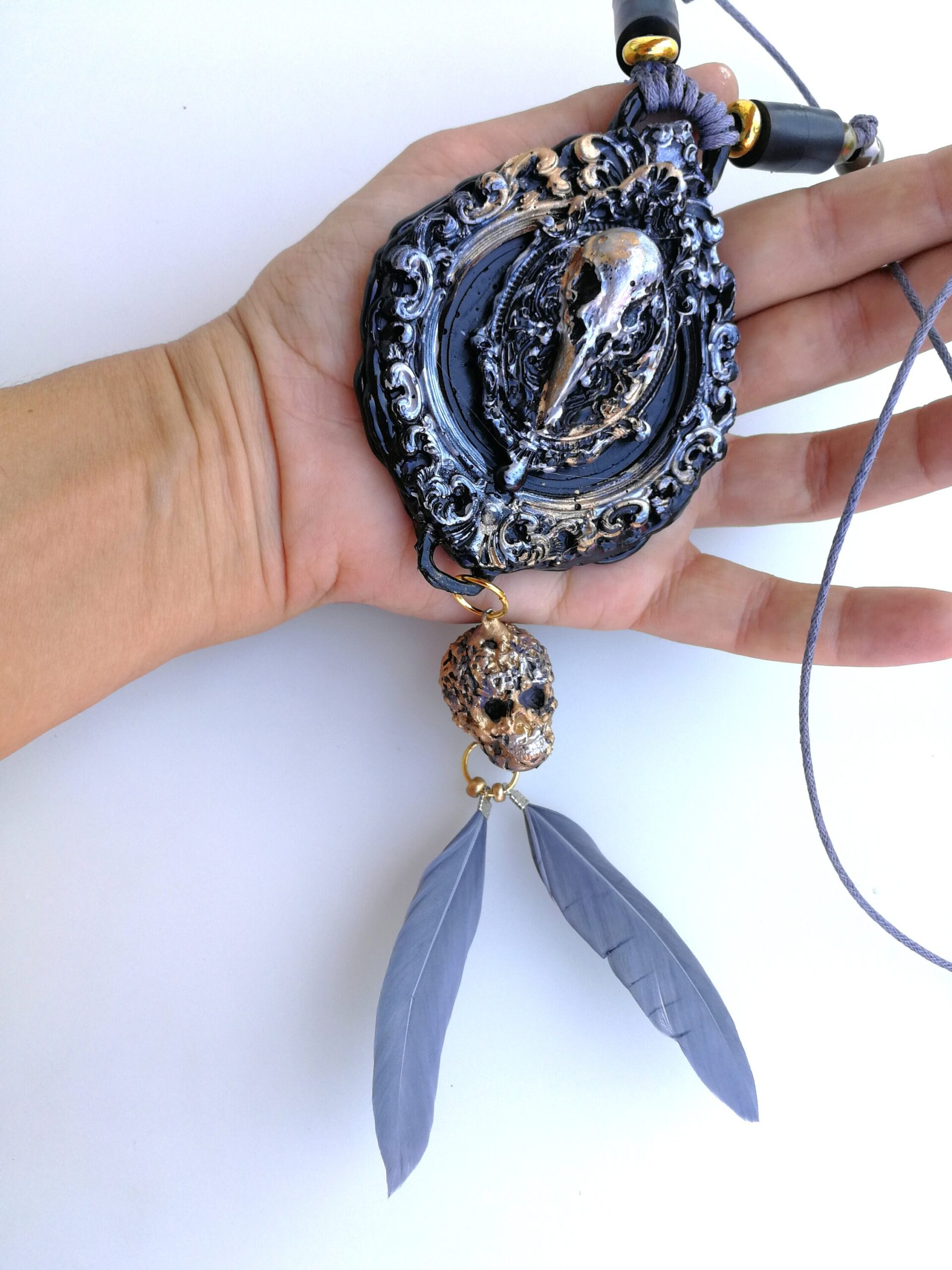 Crow Skull, Gothic Talisman Black Raven, Punk Rave Necklace Jewelry, Goth Jewel Skull, Owl Feather Witch Amulet Pendant