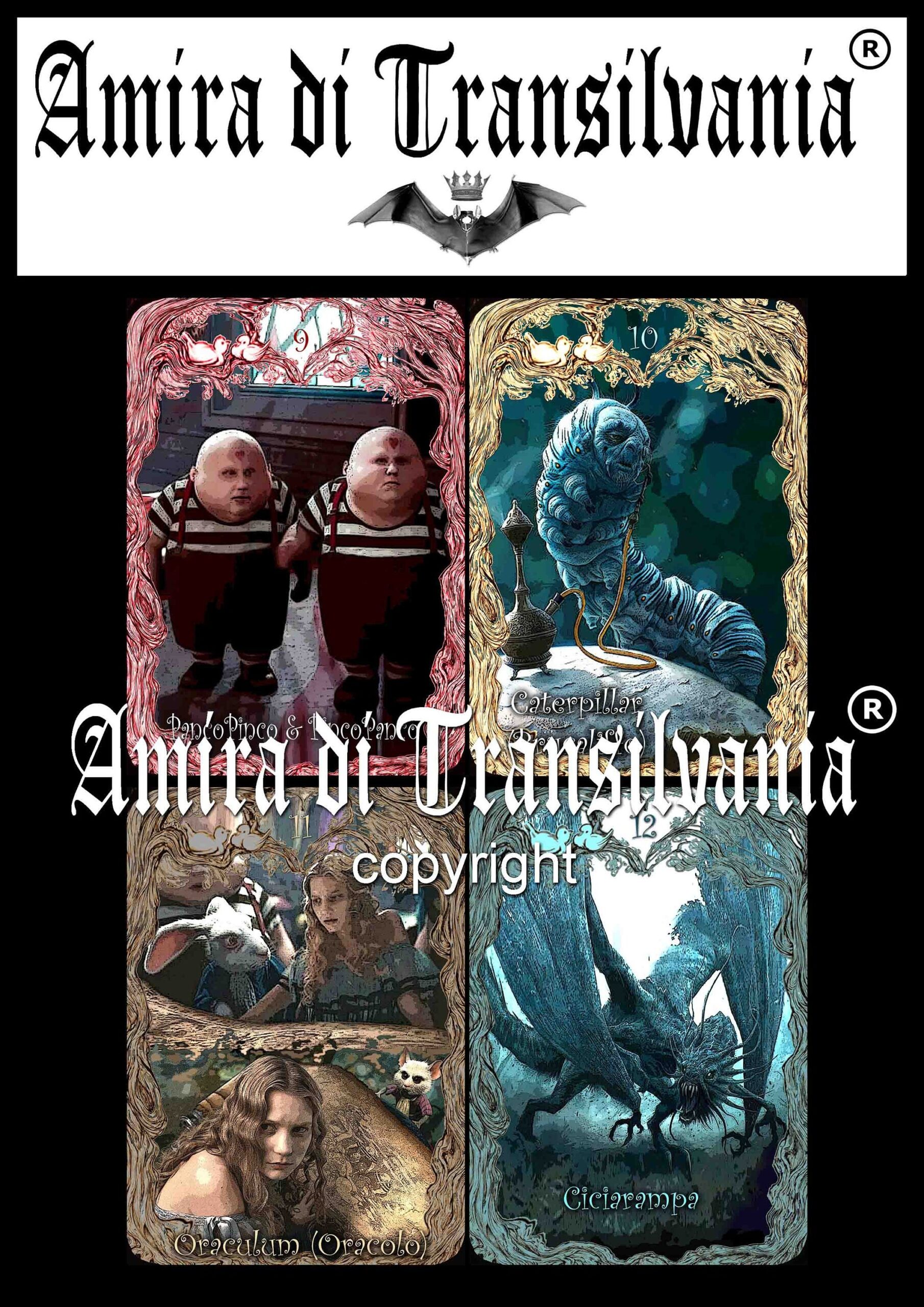 Alice in the Wonderland Tarot, White Rabbit with Cheshire Cat, Queen of Hearts and White Queen, Mad Hatter Dodo Dormouse