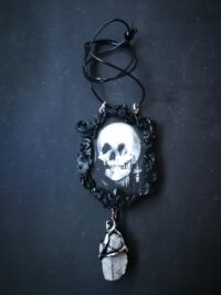 Black Mirror Amulet, Skull Necklace Witch Jewelry Antique Style, Victorian Gothic Witchcraft Talisman Pendant