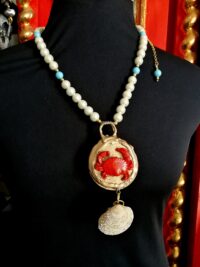 Zodiac Symbol, Cancer Astrology Sign, Water Creature Red Crab Conch Shell Pearl, Necklace Talisman Pendant Symbol Scarab