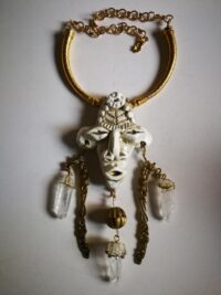 Tribal Jewelry, Rock Crystal Shaman Necklace, Native American Talisman Pendant, Ethnic Aztec Tribe Mask