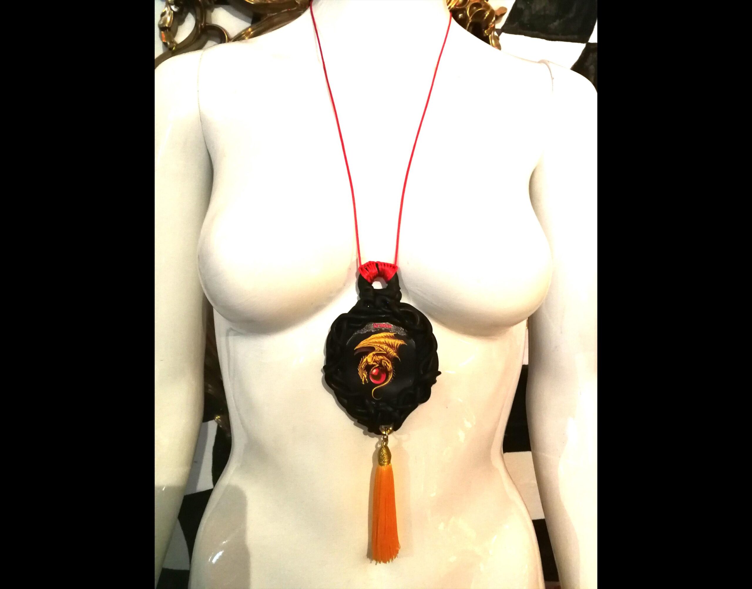 Gold Dragon Amulet, Dragonball Kanji Japanese Talisman, Deity Pentacle Spiritual Protection Symbol Occult Jewelry