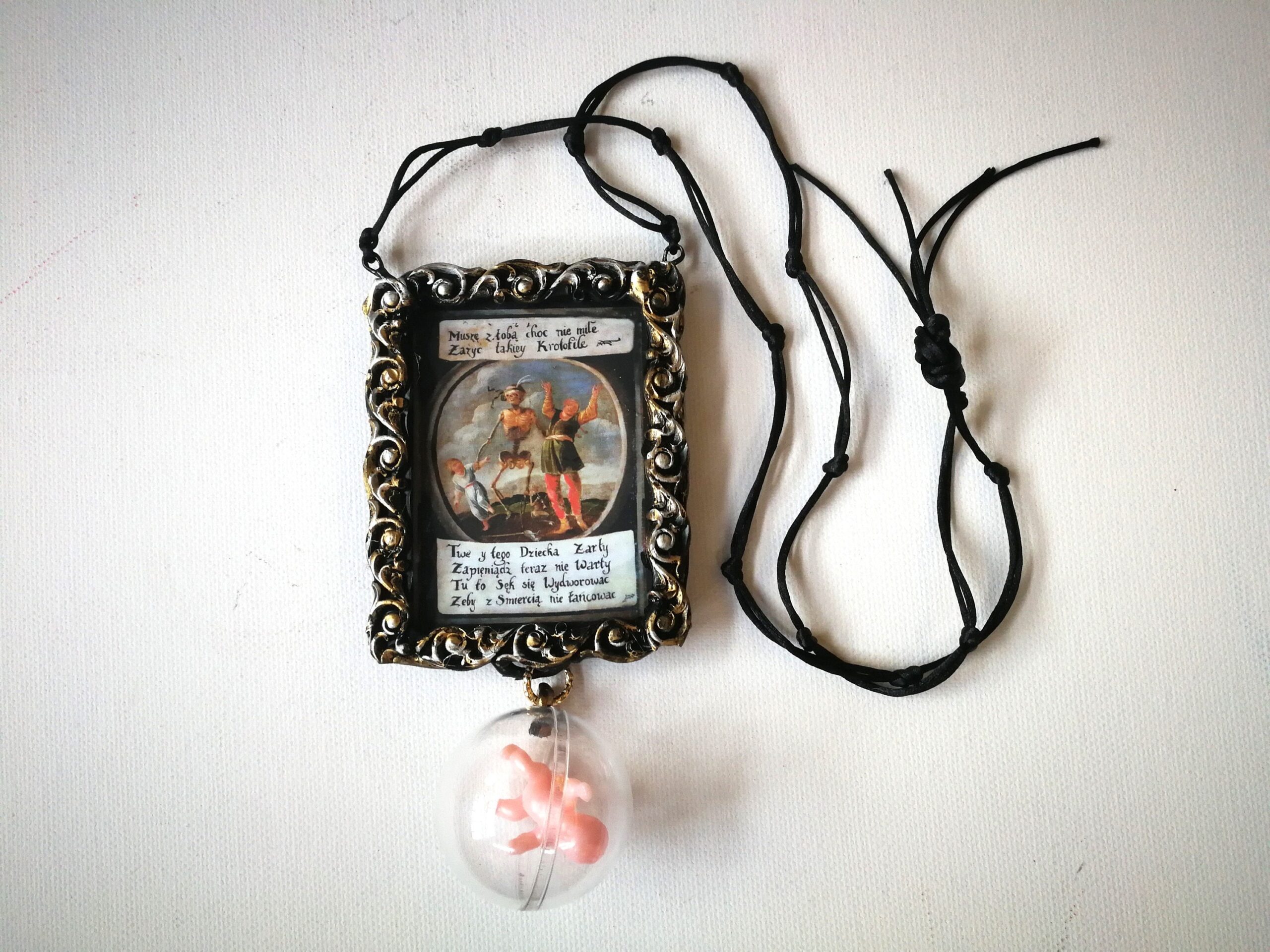 La Santa Muerte, Macabre Dance Hoodoo Talisman Necklace, Spooky Witch Skull Skeleton Gothic Amulet