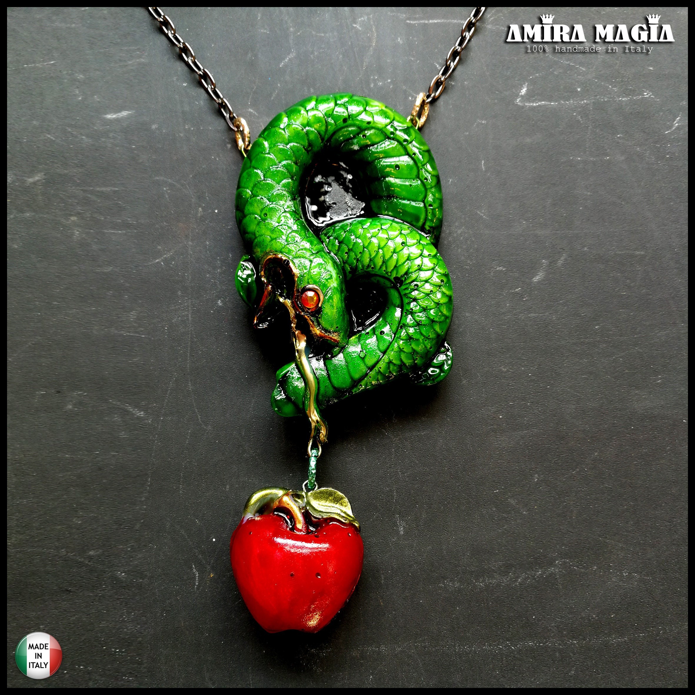 Green Snake, Red Apple Love Attraction Amulet Lucky Charm Spiritual Occult Jewelry Energy Pendant