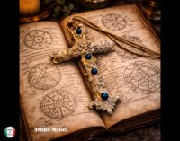 Gold Cross Necklace, Key Magic Talisman Witchcraft Symbols, Shamanic Pendant Shaman Amulet Wooden Crux