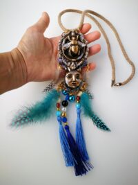 Shaman King, Native American Necklace Talisman, Bee Nest Jewelry Boho, Gypsy Ethnic Indian Tribal Folk Pendant Feather