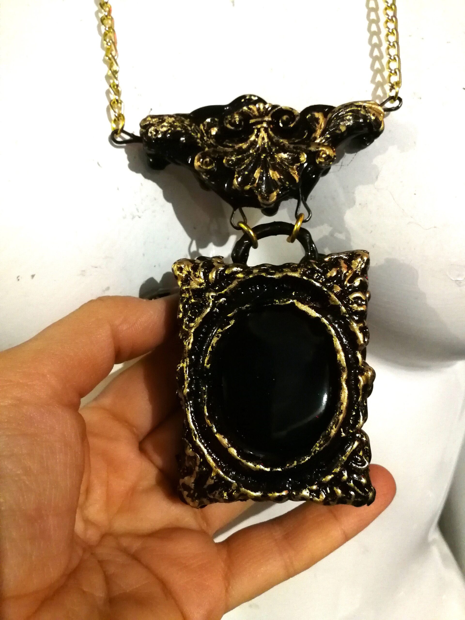 Black Mirror, Woman Necklace Lariat Layered Jewelry, Goth Jewel Antique Style, Victorian Gothic Witch Talisman Pendant