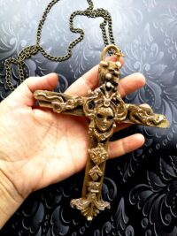 Witchcraft Symbols Magic Talisman, Gold Cross Necklace Amulet, Shamanic Pendant Witch Jewelry Wooden Crux