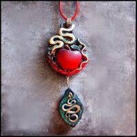 Gold Snake Necklace & Red Apple Jewelry, Art Nouveau Pendant, Art Deco Amulet Charm, Polymer Clay Adam and Eve Heaven