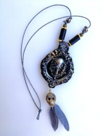 Crow Skull, Gothic Talisman Black Raven, Punk Rave Necklace Jewelry, Goth Jewel Skull, Owl Feather Witch Amulet Pendant