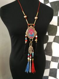 Buddhist Necklace Oriental Talisman, Asian Ethnic Pendant Jewelry, Buddha Tribal Folk Regional Boho Jewelery Feather Bib