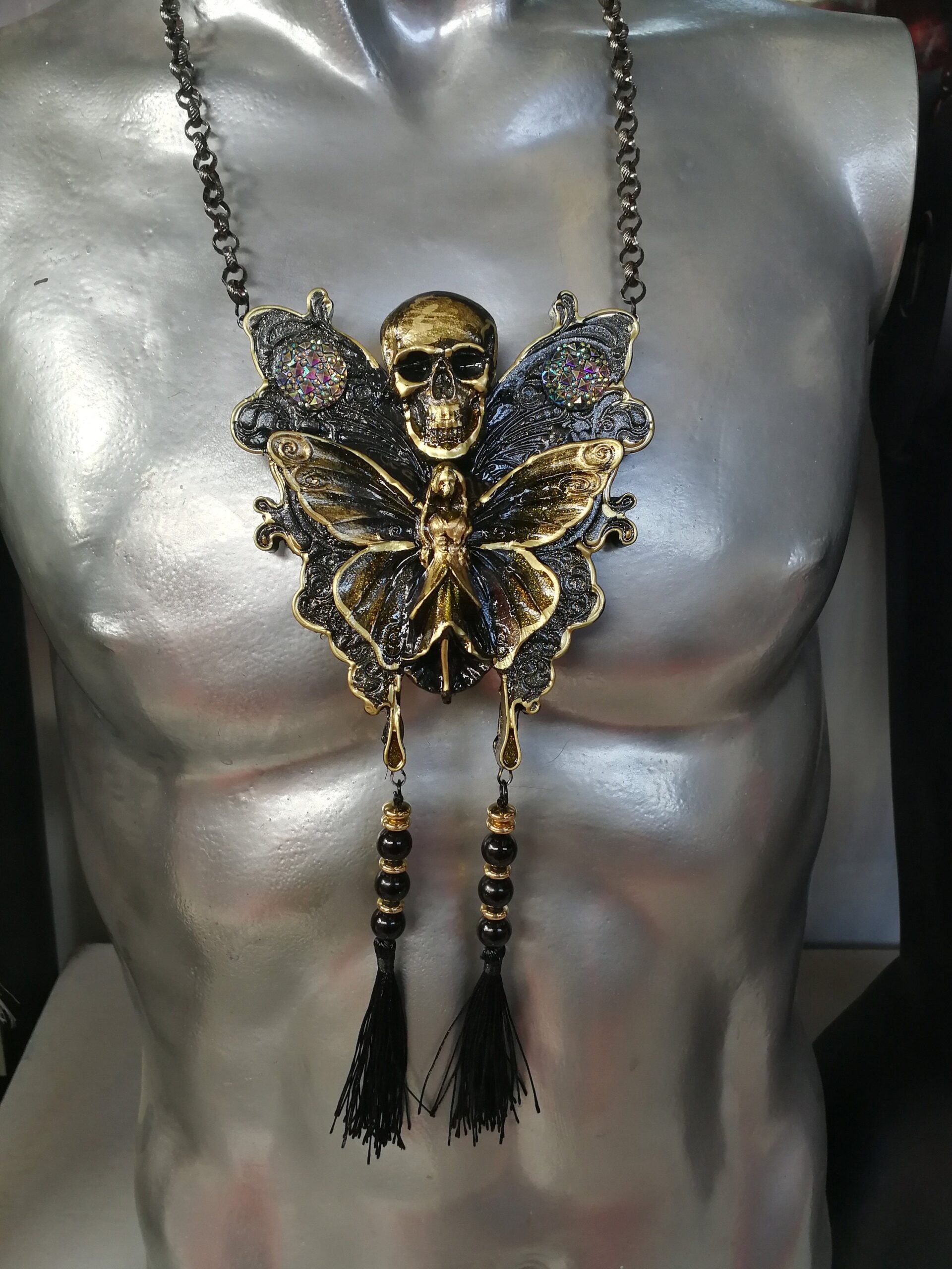Lunar Moth Amulet, Butterfly Skull Talisman, Magic Pentacle Necklace Occult Jewelry Transformation Protection Immortality