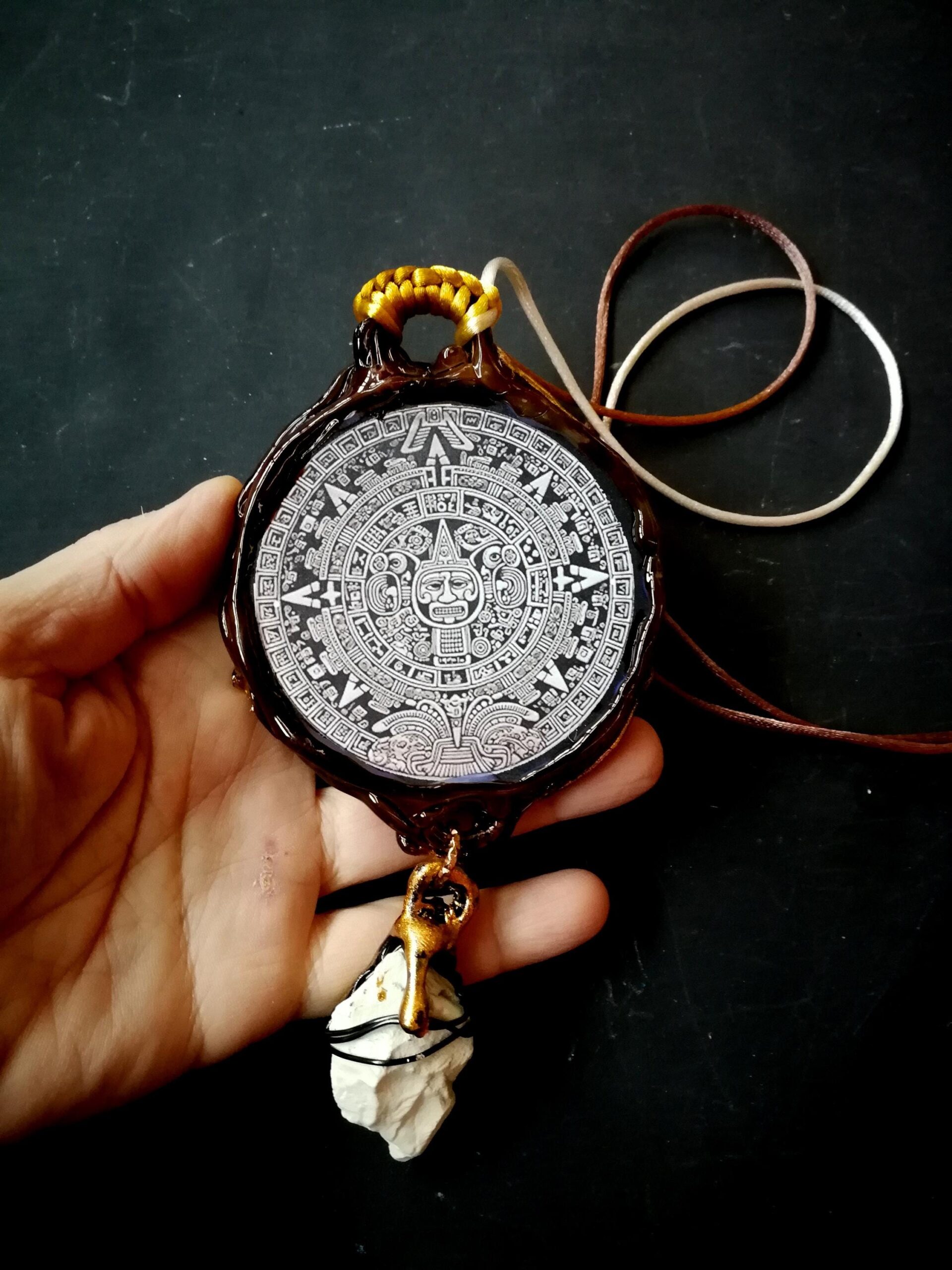 Maya Calendar, Shaman Necklace Talisman Pendant, Amulet Raw Stone Jewelry, Aztec Magic Symbols Seal
