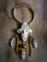 Tribal Jewelry, Rock Crystal Shaman Necklace, Native American Talisman Pendant, Ethnic Aztec Tribe Mask