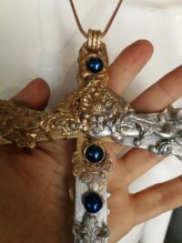 Gold Cross Necklace, Key Magic Talisman Witchcraft Symbols, Shamanic Pendant Shaman Amulet Wooden Crux