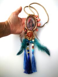 Shaman King, Native American Necklace Talisman, Bee Nest Jewelry Boho, Gypsy Ethnic Indian Tribal Folk Pendant Feather