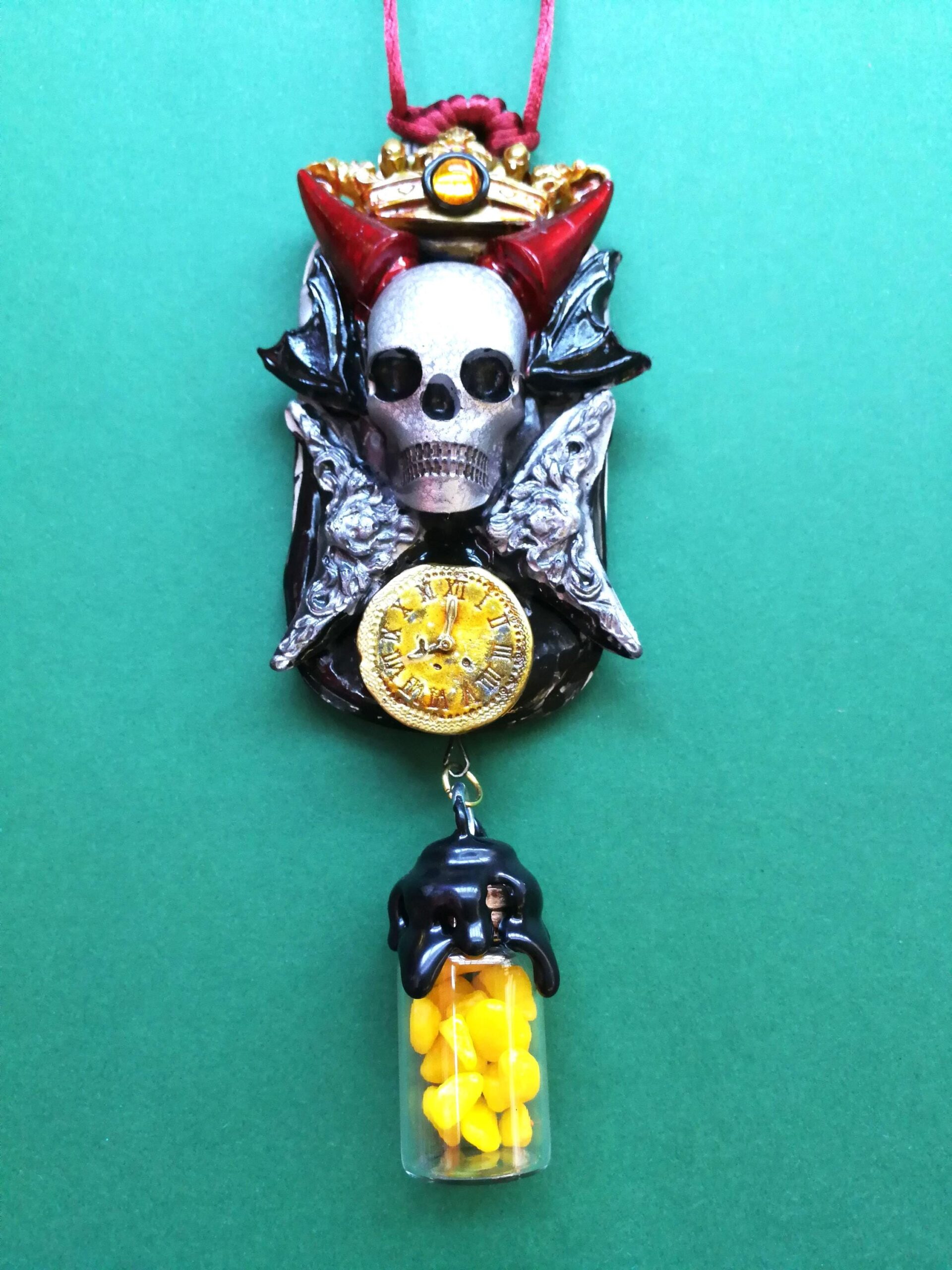 Fallen Angel, Urn Amulet Skull Skeleton, Djinn Talisman Alchemy Symbol, Devil Horn Pendant Necklace