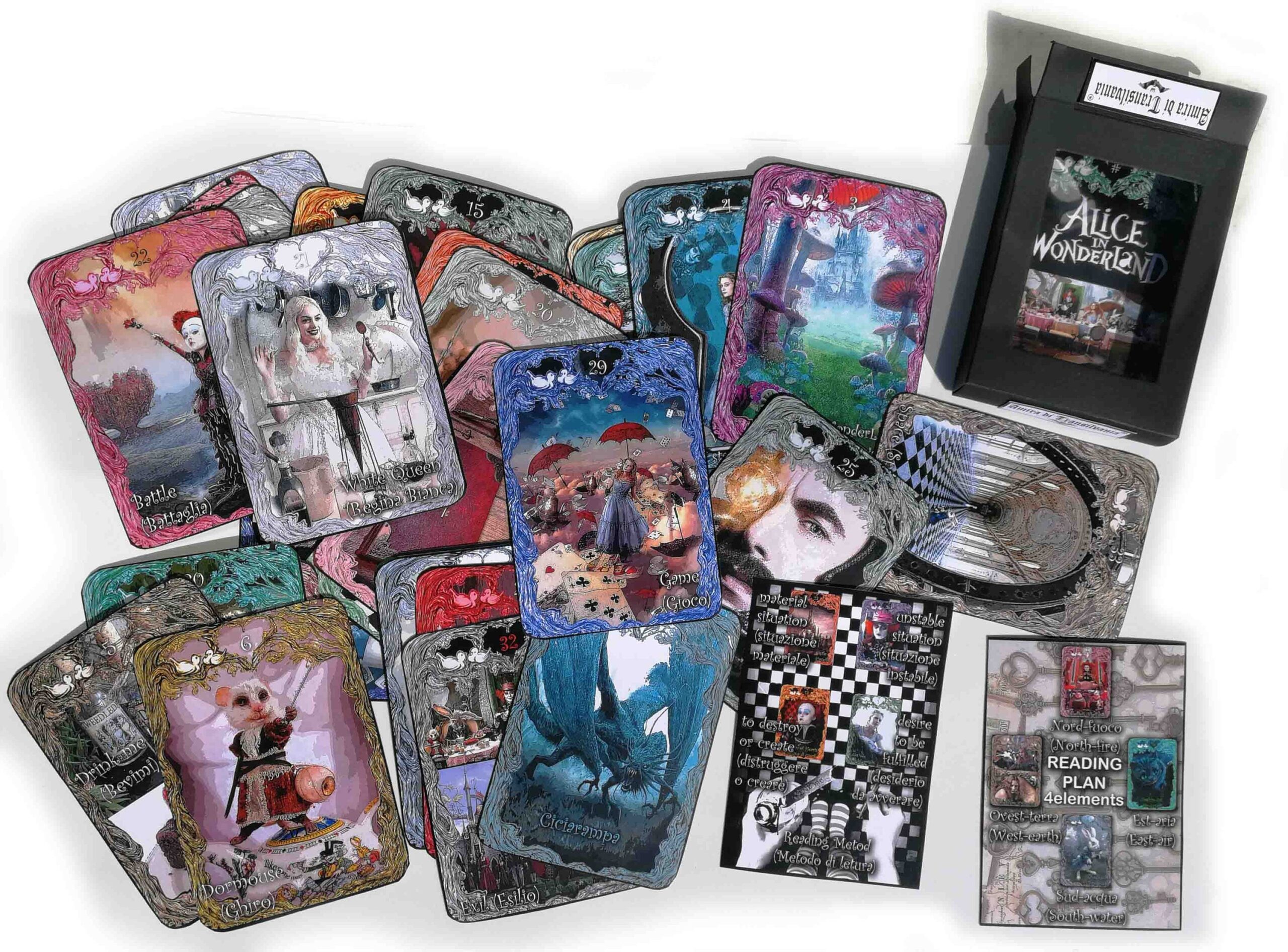 Alice in the Wonderland Tarot, White Rabbit with Cheshire Cat, Queen of Hearts and White Queen, Mad Hatter Dodo Dormouse