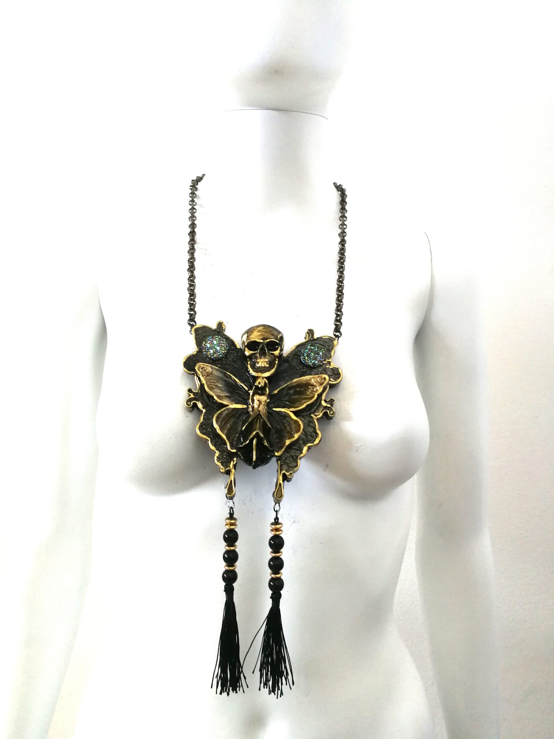 Lunar Moth Amulet, Butterfly Skull Talisman, Magic Pentacle Necklace Occult Jewelry Transformation Protection Immortality
