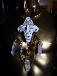 Tribal Jewelry, Rock Crystal Shaman Necklace, Native American Talisman Pendant, Ethnic Aztec Tribe Mask