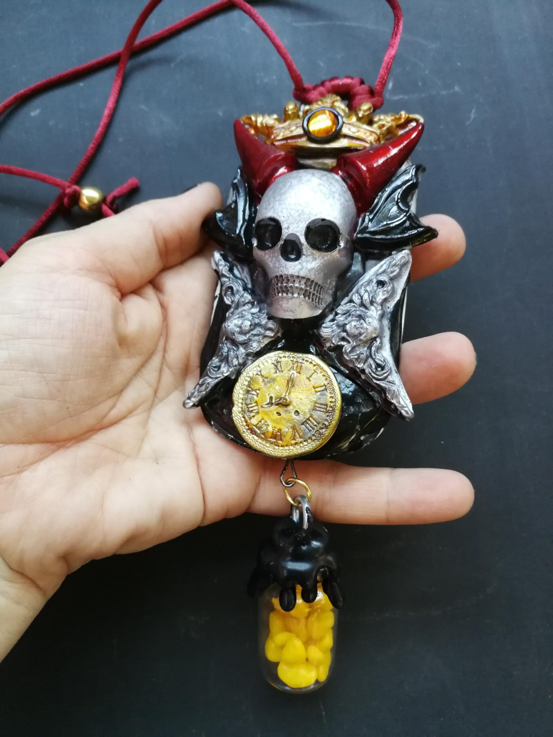 Fallen Angel, Urn Amulet Skull Skeleton, Djinn Talisman Alchemy Symbol, Devil Horn Pendant Necklace